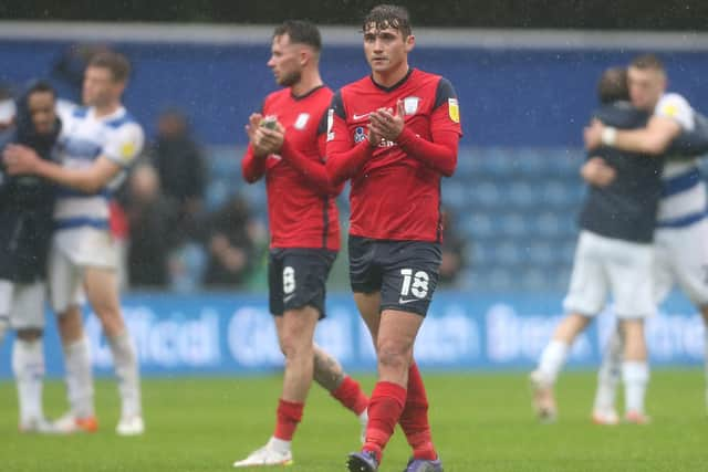 Preston North End midfielders Ryan Ledson and Alan Browne applaud the fans at the final whistle following defeat to QPR