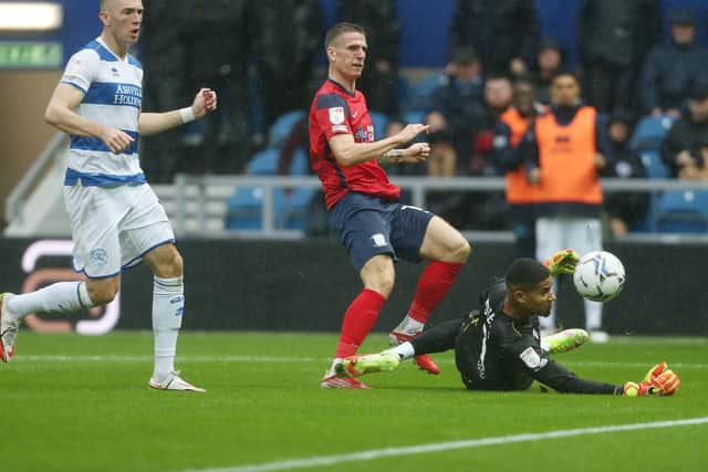 Emil Riis scores for Preston North End in the first half against Queens Park Rangers