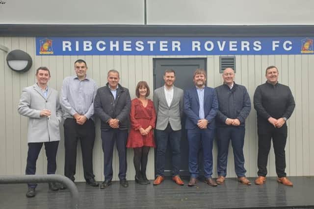 Former Scotland International and Blackburn Rovers star Kevin Gallacher officially opened the pavilion. He is pictured with Ribchester Rovers' committee members including John Treacy, third from left. Committee member Paul Dewhurst was not able to attend the opening.