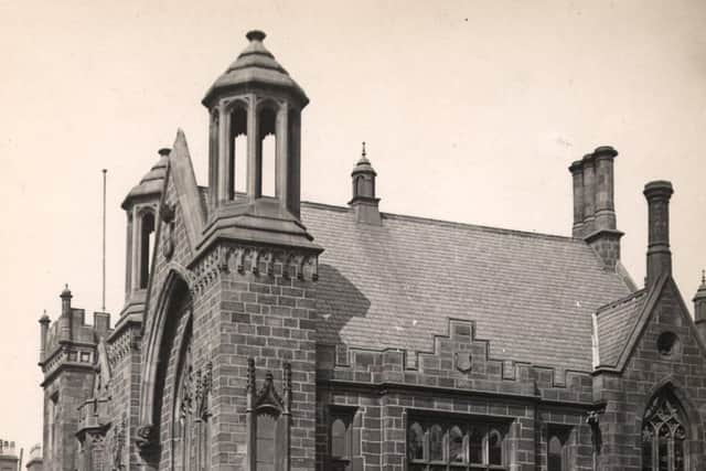 A close up of part of the grand and now long demolished  Grammar School building in  the centre of Preston