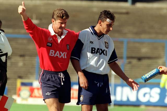 Preston North End striker Kurt Nogan with manager Gary Peters after scoring twice against Watford in August 1997