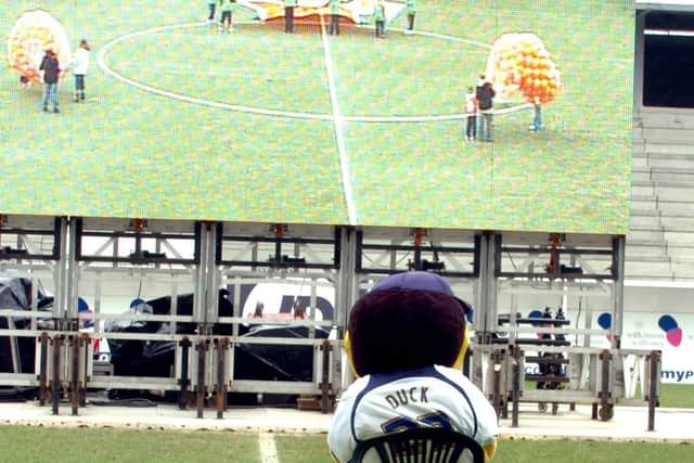 Deepdale Duck gets a close-up view of the big screen when PNE played at Blackpool in 2008