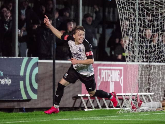 Finlay Sinclair-Smith wheels away after scoring against South Shields (photo: Ruth Hornby)