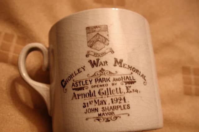 A commemorative cup from the opening of Astley Hall, Park and War Memorial with the name Cllr Gillett on it. Picture courtesy of Stuart Clewlow