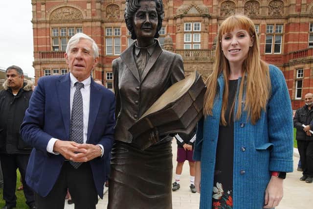 Jack Straw and Labour deputy leader Angela Rayner at the unveiling of a statue of former Blackburn MP Barbara Castle at the Victoria Centre, Blakey Moor in Blackburn