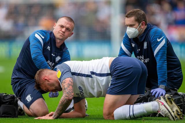 Patrick Bauer is attended to after being caught in the face by West Bromwich Albion’s Jordan Hugill during the Championship clash at Deepdale in September