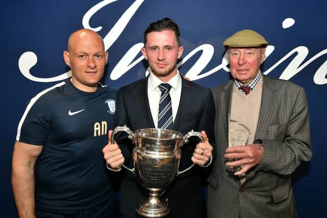 Alan Browne collecting the Sir Tom Finney award for player of the year alongside Alex Neil (left) and Trevor Hemmings (right) in 2018. Credit: PNEFC.