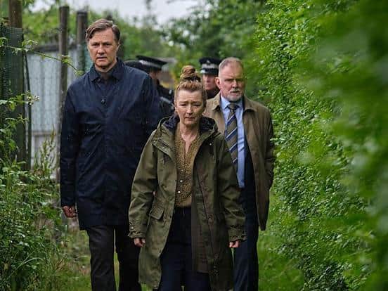 Ian St Clair (David Morrissey), Julie Jackson (Leslie Manville), Kevin Salisbury (Robert Glenister) in BBC One drama Sherwood