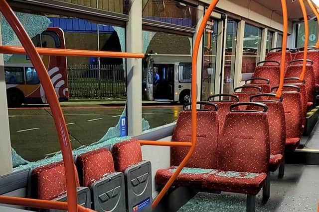 The 100 service, operated by Preston Bus, came under attack from a group of youths in Greaves Town Lane, Larches, at around 7.45pm
