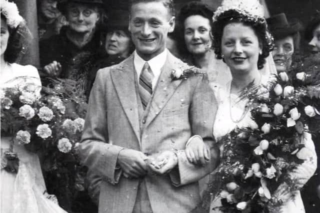 Sir Tom and Lady Elsie on their wedding day at Emmanuel in 1945.