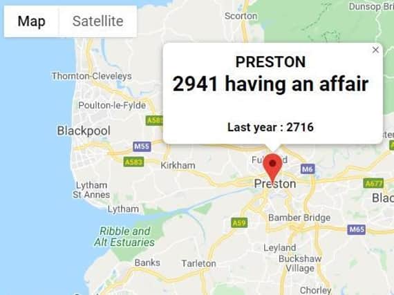 The map showing the number of people having an affair in Preston