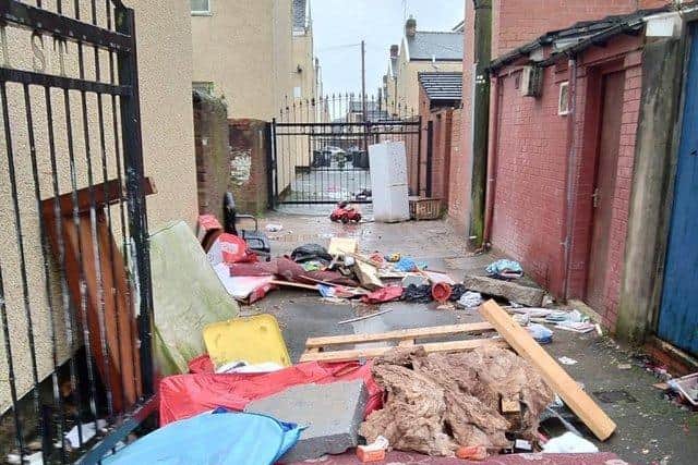 Mattresses, rolls of carpet, paddling pools and bags of household waste dumped in Chatsworth Street, off New Hall Lane