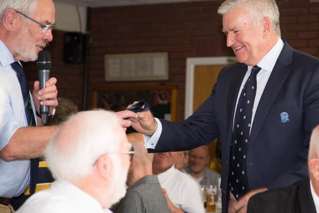 RFU chairman Bill Sweeney receives an official Preston Grasshoppers tie (photo: Mike Craig)