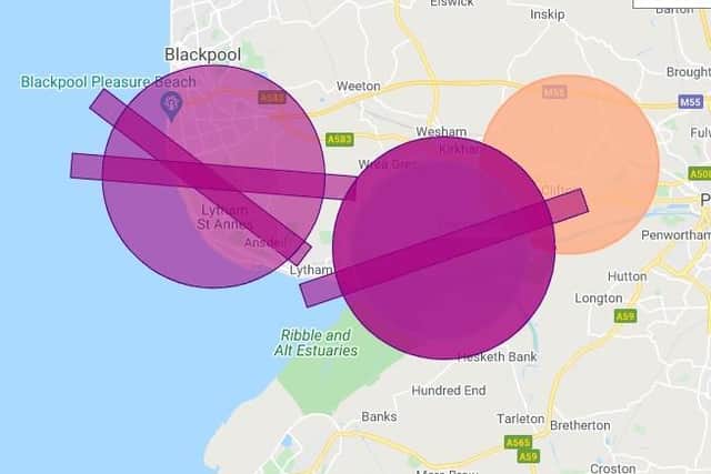 A map showing the Fylde coast air zones which are restricted to drones for safety reasons.