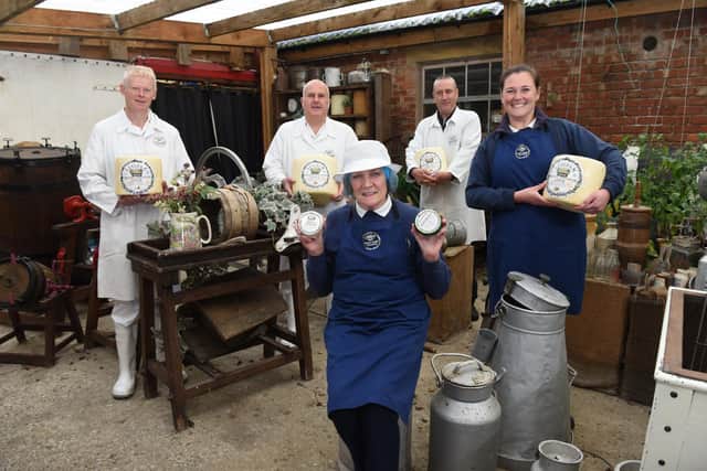A top team: Christine Kitching (centre) and Faye Kitching celebrate the success of Leagram Organic Dairy at the 2021 Internatuinal Cheese and Dairy awards with Leagram staff  Ian Hutchinson, Adam Townsend (Head Cheesemaker)  and Steve Hunt  (Photo Neil Cross)