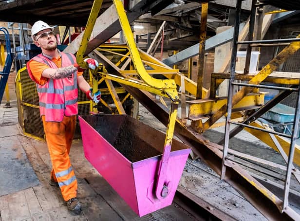 A pink bucket from the aerial ropeway which runs between Forterra’s quarry and its factory in Claughton, near Lancaster. The buckets were painted pink for Breast Cancer Now’s Wear it Pink Day, raising money and awareness for breast cancer research
