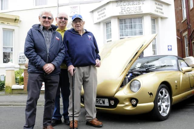 John pictured with former TVR owner Martin Lilley, left, and another TVR staff legend David Hives, right, who died in 2017