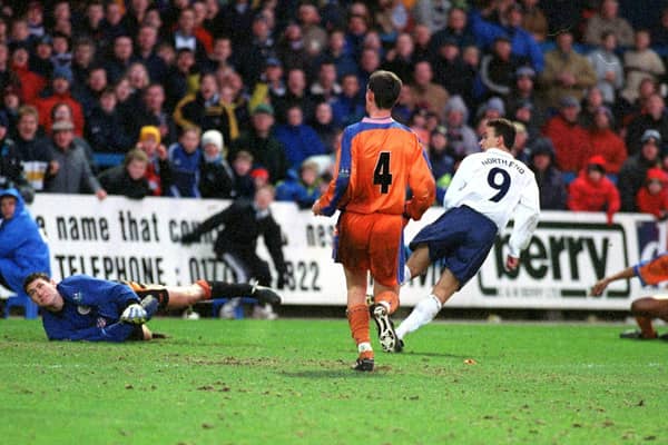 Kurt Nogan fires his 100th career goal in Preston North End's game against Luton Town in January 1999