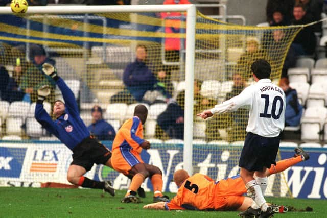 Jonathan Macken has a shot in PNE's game against Luton at Deepdale in January 1999
