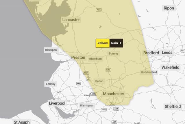 A yellow weather warning for heavy rain covers much of Lancashire including Preston.