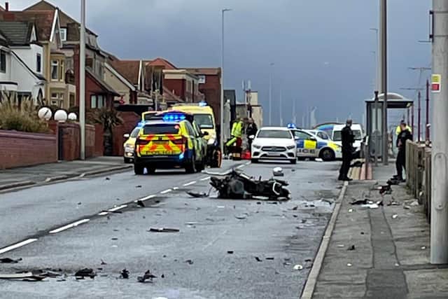 The aftermath of the crash which left a motorcyclist seriously injured close to the junction of Queen's Promenade and Montpelier Avenue on Friday morning
