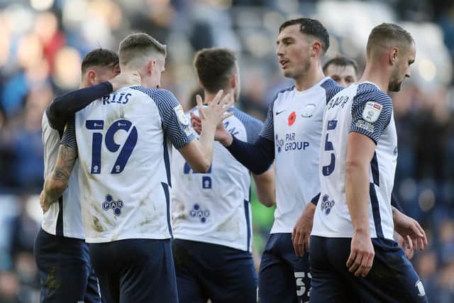 Preston North End striker Emil Riis is congratulated after giving his side the lead against Luton Town at Deepdale