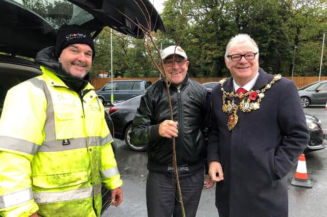 Mayor of Chorley, Coun Steve Holgate, gives away free trees to residents