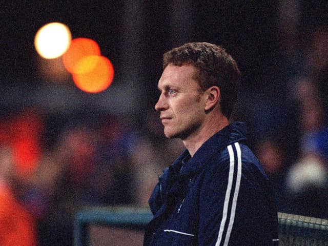 David Moyes watches on from the touchline in his first game as Preston North End manager in January 1998
