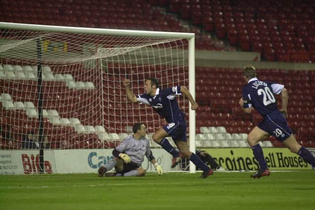 North End’s Pawel Abbott celebrates scoring the only goal of the game against Nottingham Forest at the City Ground in October 2003