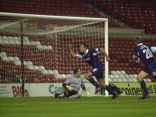 North End’s Pawel Abbott celebrates scoring the only goal of the game against Nottingham Forest at the City Ground in October 2003