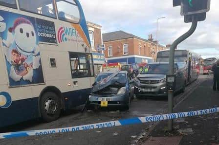 Police closed Skeffington Road between Ribbleton Lane and New Hall Lane after a crash involving a bus and a taxi at around 10.15am this morning (Wednesday, November 3). Pic: Becky Lee