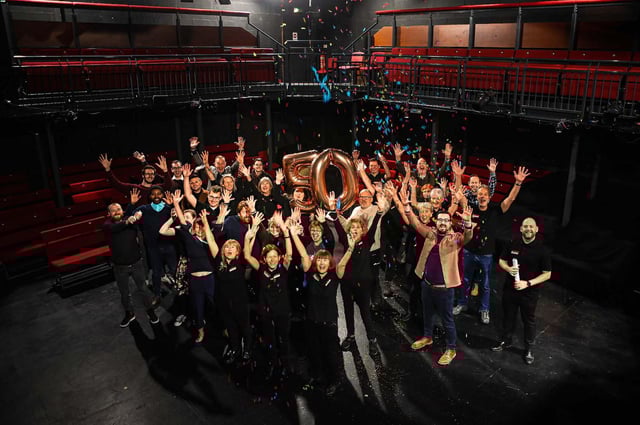 Staff team, board members and volunteers in Dukes' The Round Theatre. Photo by Jess Turton.
