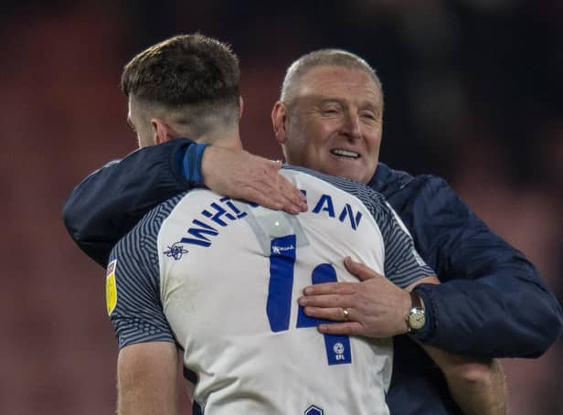 Preston boss Frankie McAvoy embraces goalscorer Ben Whiteman after the win over Bournemouth