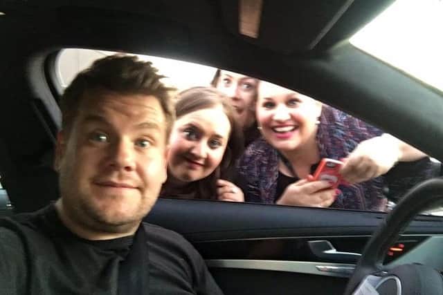Donna (right) and Stephanie when they met James Corden after seeing his show in Los Angeles