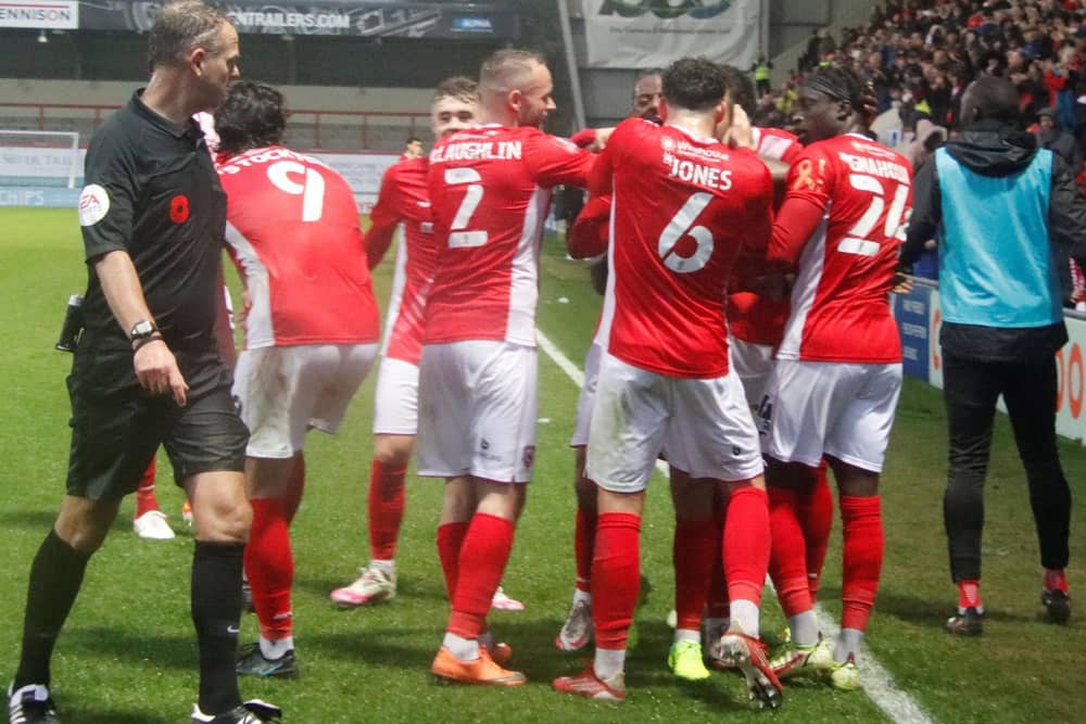 Morecambe celebrate Aaron Wildig's winning goal on Saturday