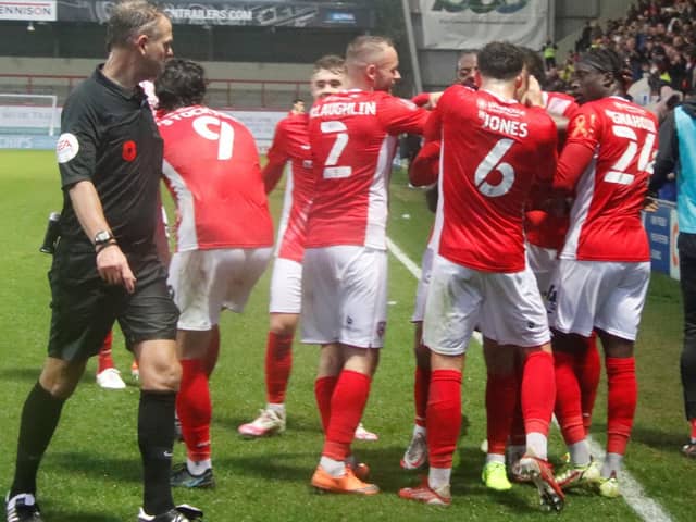 Morecambe celebrate Aaron Wildig's winning goal on Saturday