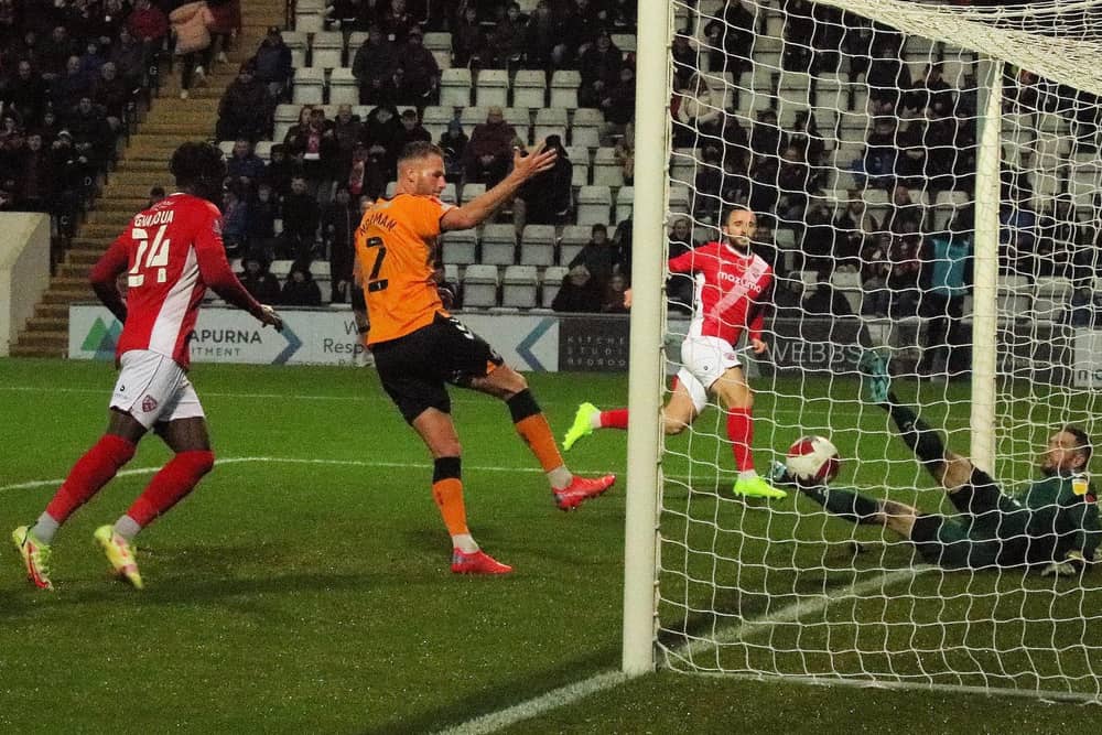 Aaron Wildig scores Morecambe's winning goal on Saturday