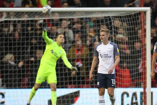 PNE keeper Daniel Iversen throws the ball out after being beaten by Forest's second goal