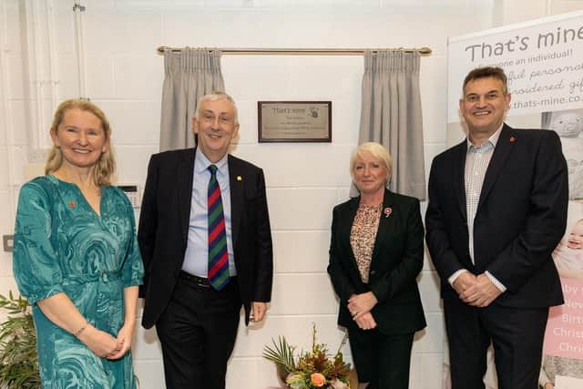 Elaine and Paul Cribb, founders of Chorley-based That's Mine, with the Rt Hon Sir Lindsay Hoyle MP and Lady Catherine Hoyle who officially opened the embroidery company's new factory