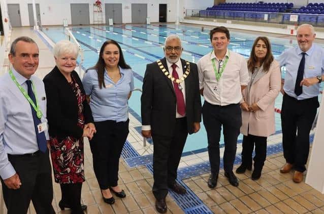 Refurbishment of West View Better Health Leisure Centre in Preston. From left to right: Mark Sesnan (CEO of GLL) ; Councillor Jennifer Mein (Cabinet Member for Health and Wellbeing); Jolene Swann (General Manager Better Preston Partnership); Mayor of Preston, Councillor Javed Iqbal; Tim Bestford (GLL’s Head of Service North Region); Councillor Zafar Coupland (Deepdale Ward); Derek Jones (Better Partnership Manager South Lakeland, Copeland and Preston).