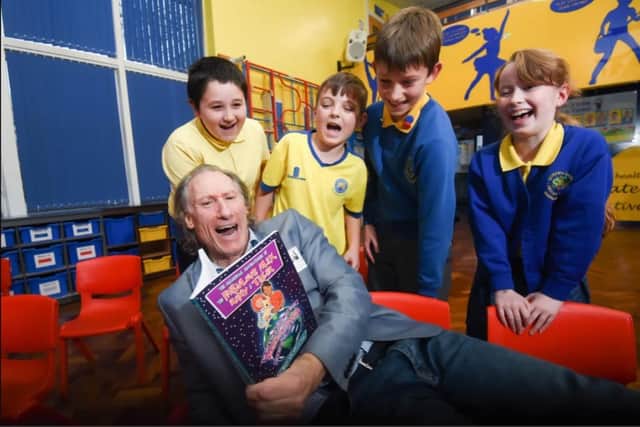 Author Ross McWilliam launches his third book in an assembly at Queens Drive Primary School, Fulwood.
