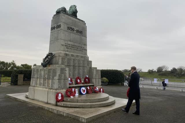 David Morris MP at Morecambe's war memorial on Remembrance Sunday in 2009.