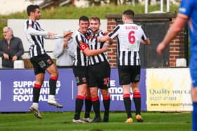 Connor Hall is congratulated after scoring the winner against Leamington (photo:Stefan Willoughby)