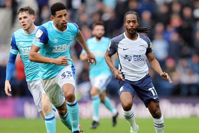 North End's Daniel Johnson with Derby County's Curtis Davies at Deepdale last month