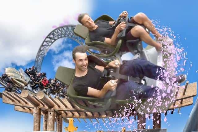 A visual of the ENSO carts that will see riders twist freely the entire duration of ICON from the 2022 season at Blackpool Pleasure Beach.