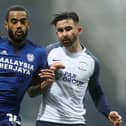Preston North End striker Sean Maguire battles with Cardiff's Curtis Nelson