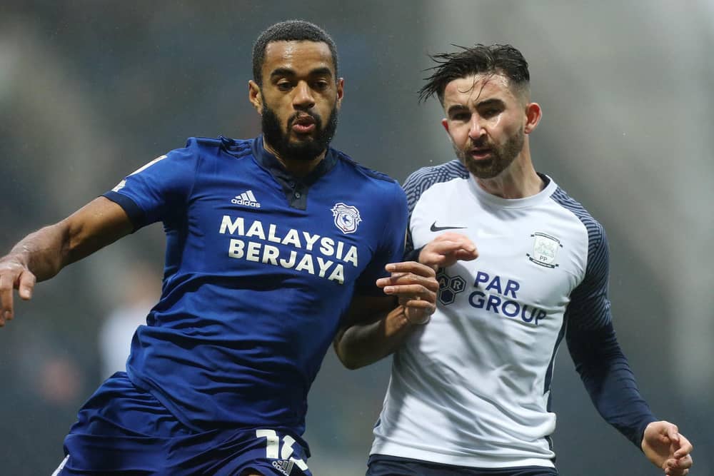 Preston North End striker Sean Maguire battles with Cardiff's Curtis Nelson