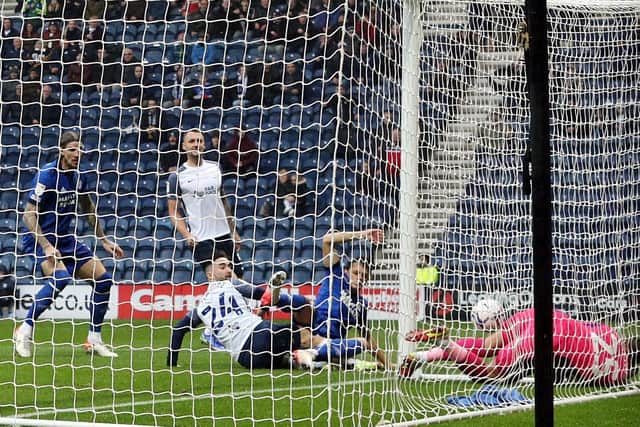 Sean Maguire scores for PNE against Cardiff at Deepdale