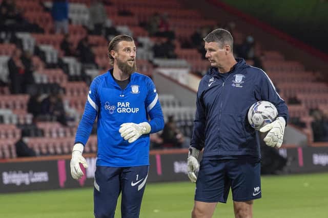 Preston North End goalkeeper Declan Rudd with keeper coach Mike Pollitt ahead of the win at Bournemouth on November 3