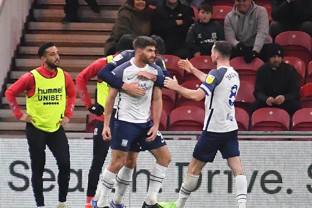 Ched Evans is congratulated after scoring Preston North End's equaliser against Middlesbrough